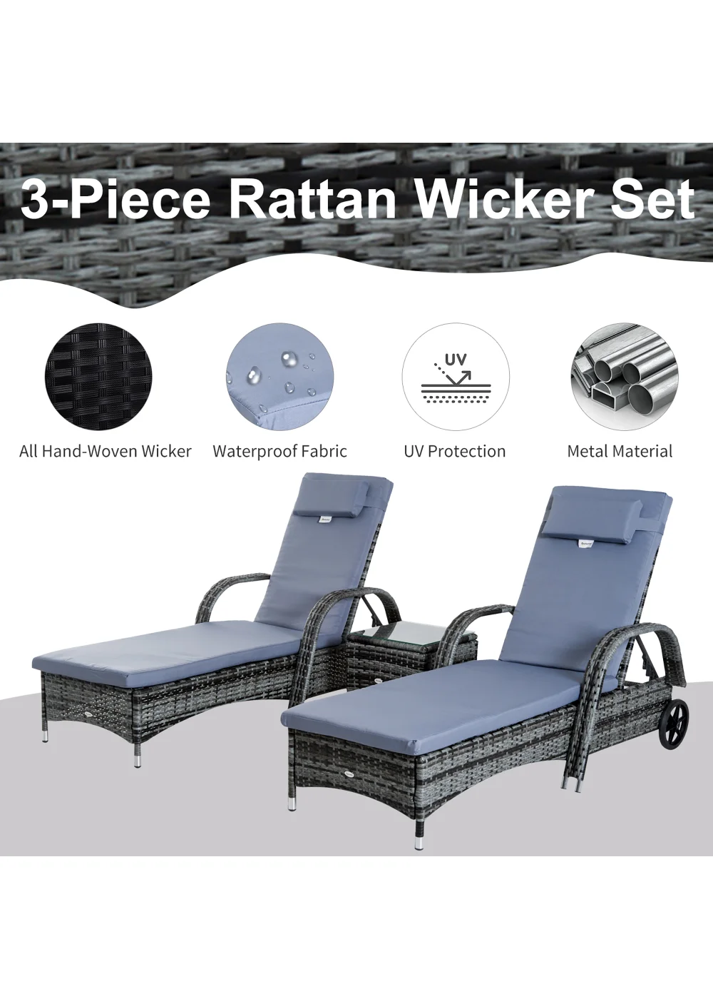 Outsunny 3 Pieces PE Rattan Patio Lounge Chair Set - No Size Image 4