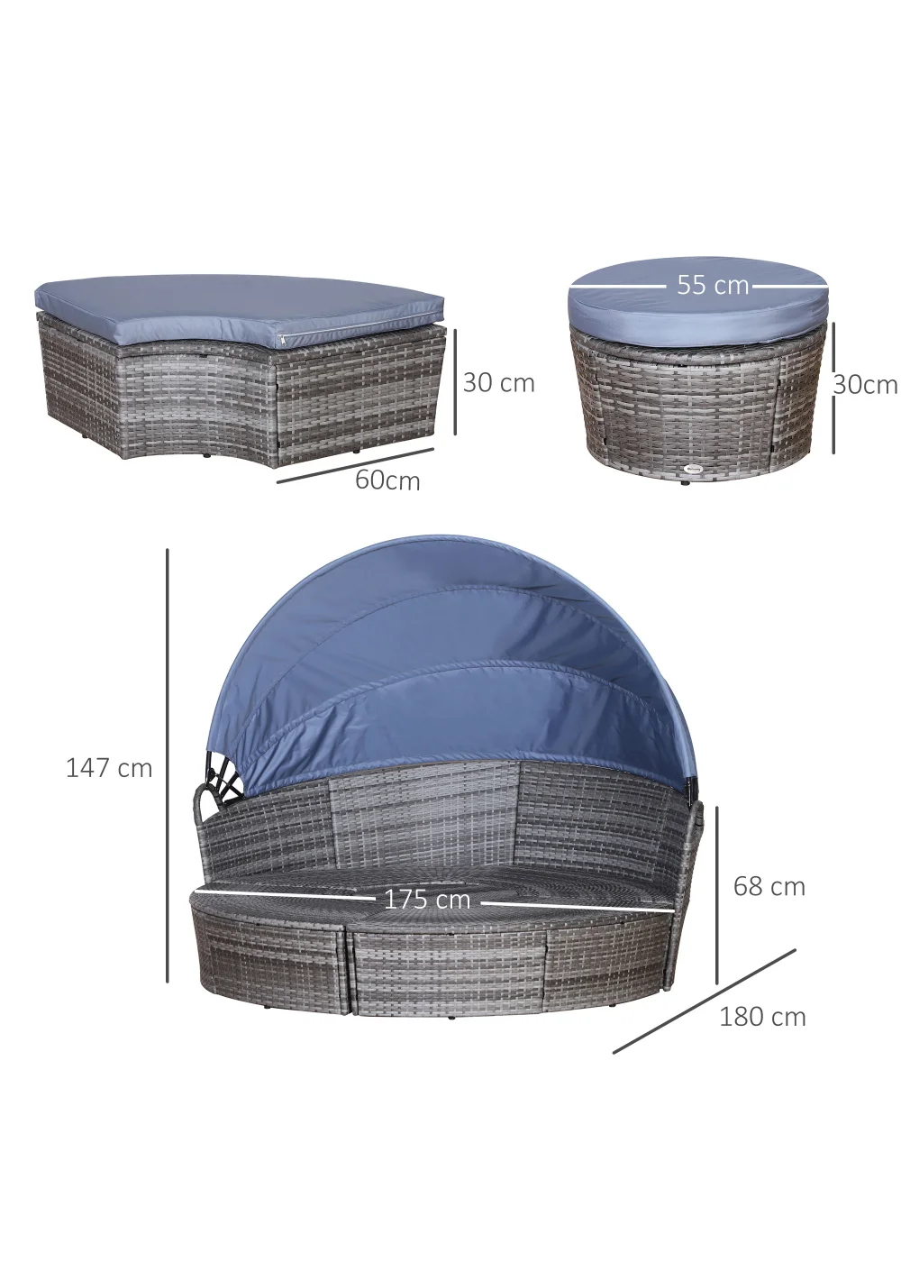 Outsunny 4 Piece Cushioned Outdoor Rattan Round Sofa Bed Set - One Size Image 3