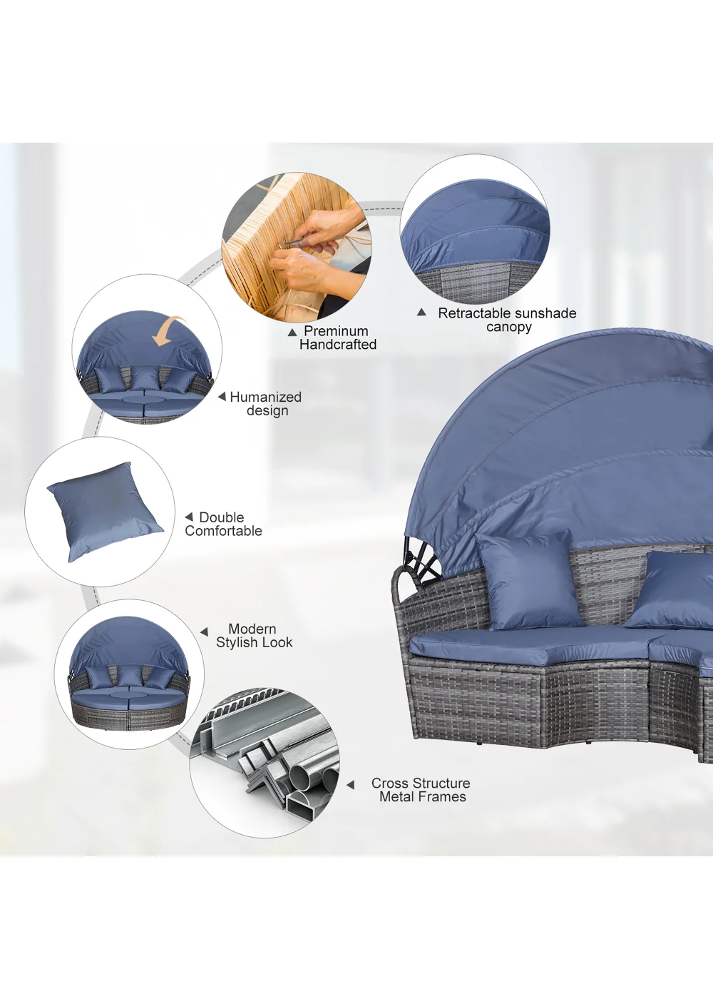 Outsunny 4 Piece Cushioned Outdoor Rattan Round Sofa Bed Set - One Size Image 5