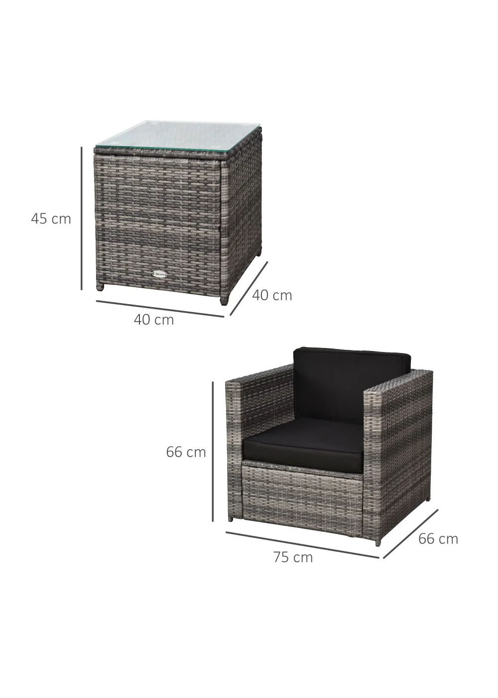 Outsunny 3 Pieces Outdoor PE Rattan Bistro Set with Cushions - One Size Image 3