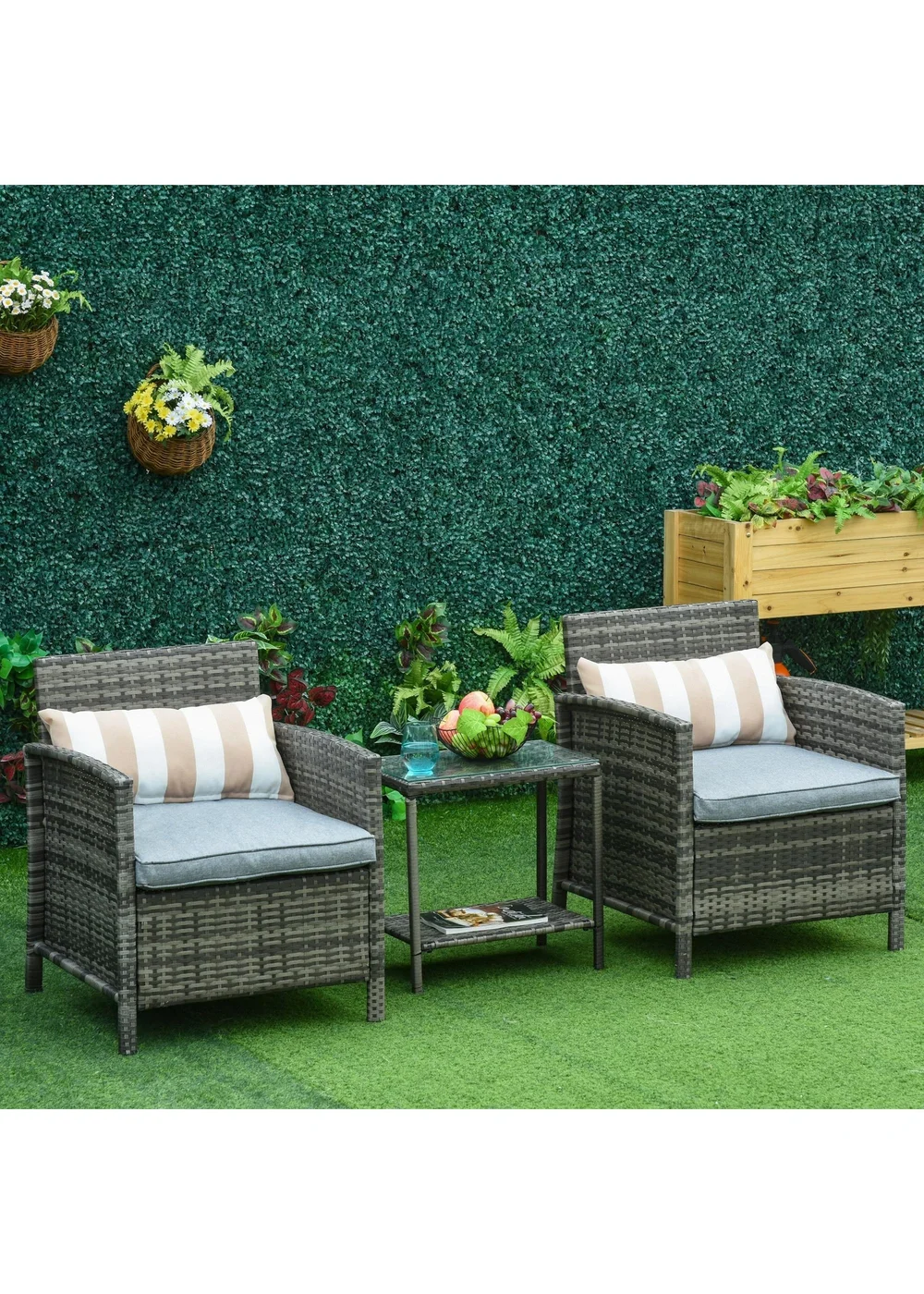 Outsunny 3 PC Outdoor Rattan Sofa Set with Chairs Coffee Table Cushion Grey - One Size Image 1