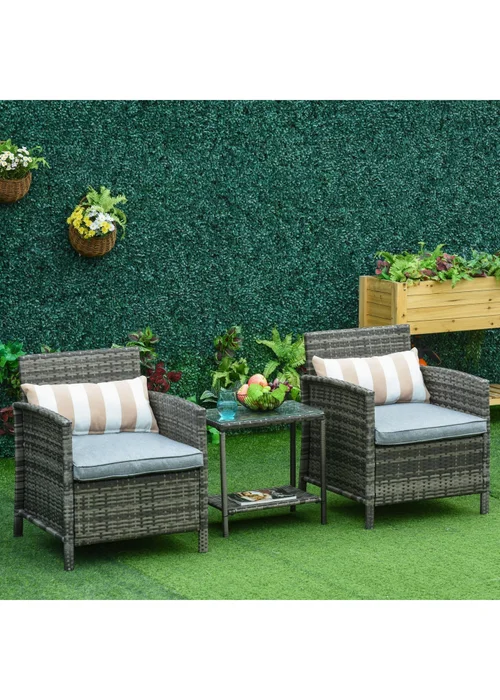 Outsunny 3 PC Outdoor Rattan Sofa Set with Chairs Coffee Table Cushion Grey - One Size Image 1