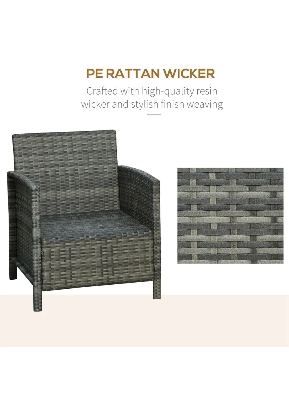 Outsunny 3 PC Outdoor Rattan Sofa Set with Chairs Coffee Table Cushion Grey - One Size Image 5