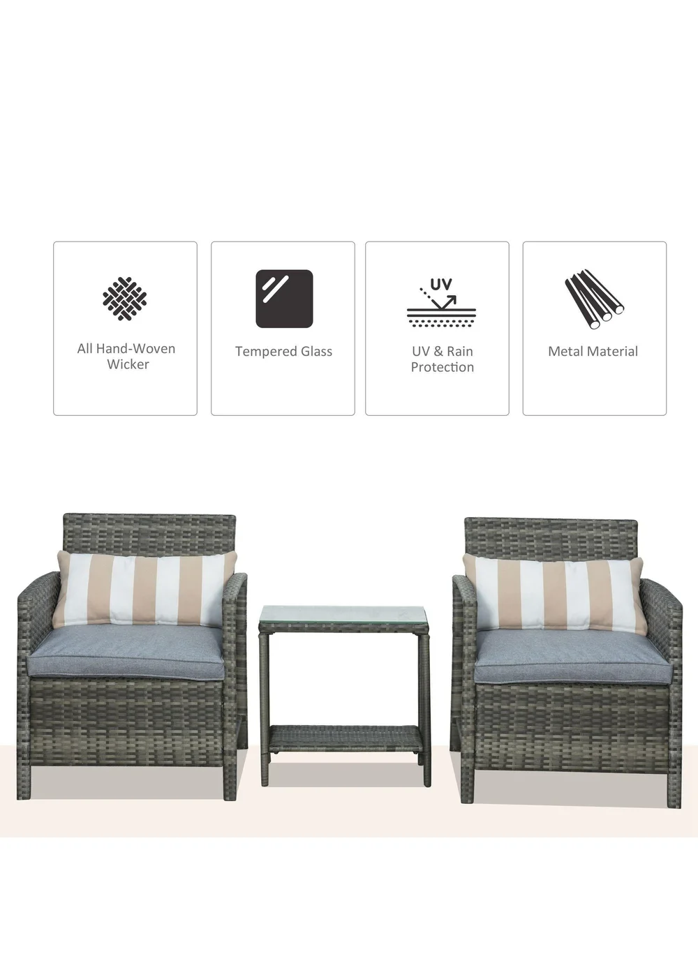 Outsunny 3 PC Outdoor Rattan Sofa Set with Chairs Coffee Table Cushion Grey - One Size Image 4