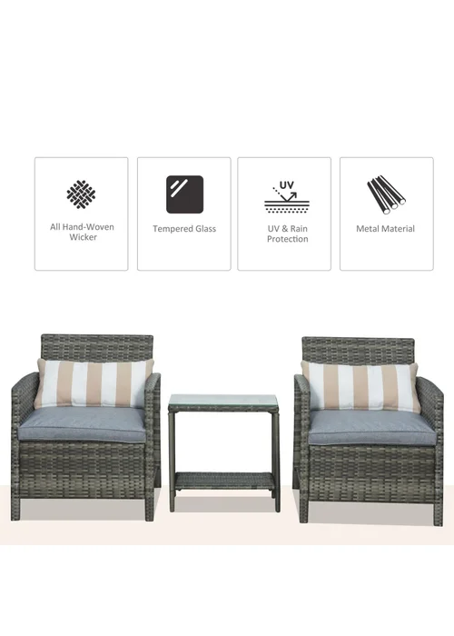 Outsunny 3 PC Outdoor Rattan Sofa Set with Chairs Coffee Table Cushion Grey - One Size Image 4