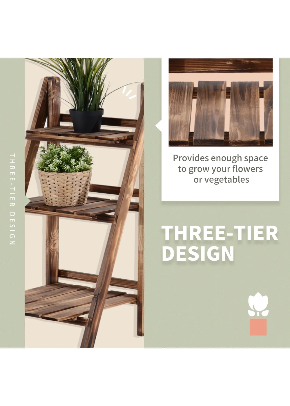 Outsunny Wooden Folding Flower Pot Stand 3 Tier - No Size Image 5