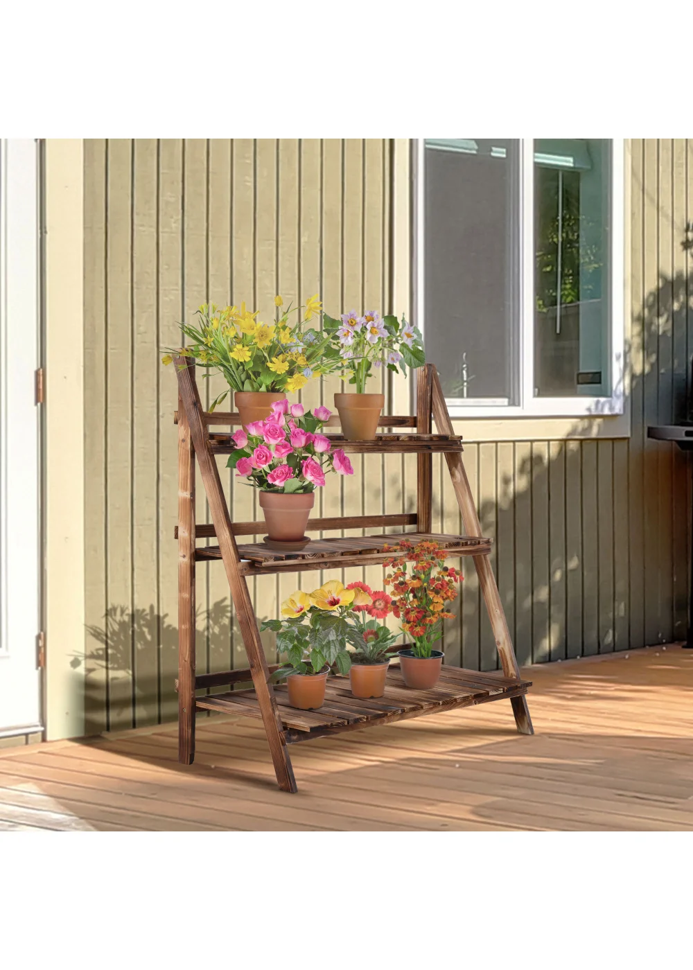 Outsunny Wooden Folding Flower Pot Stand 3 Tier - No Size Image 1