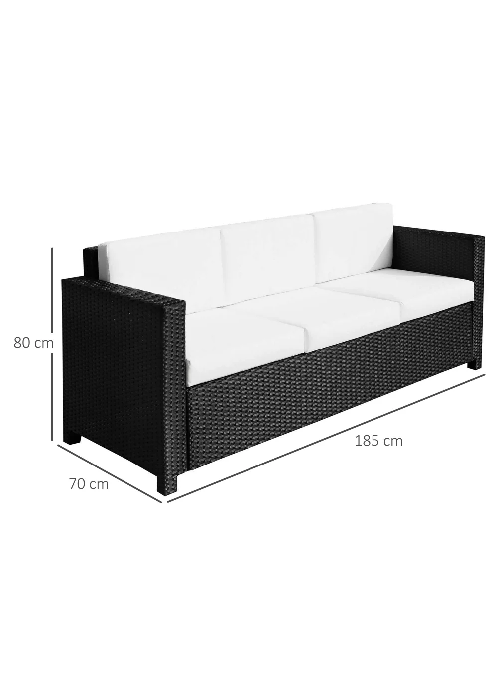 Outsunny 3-Seater Black Rattan Garden Sofa (185cm x 70cm 80cm) - One Size Image 3