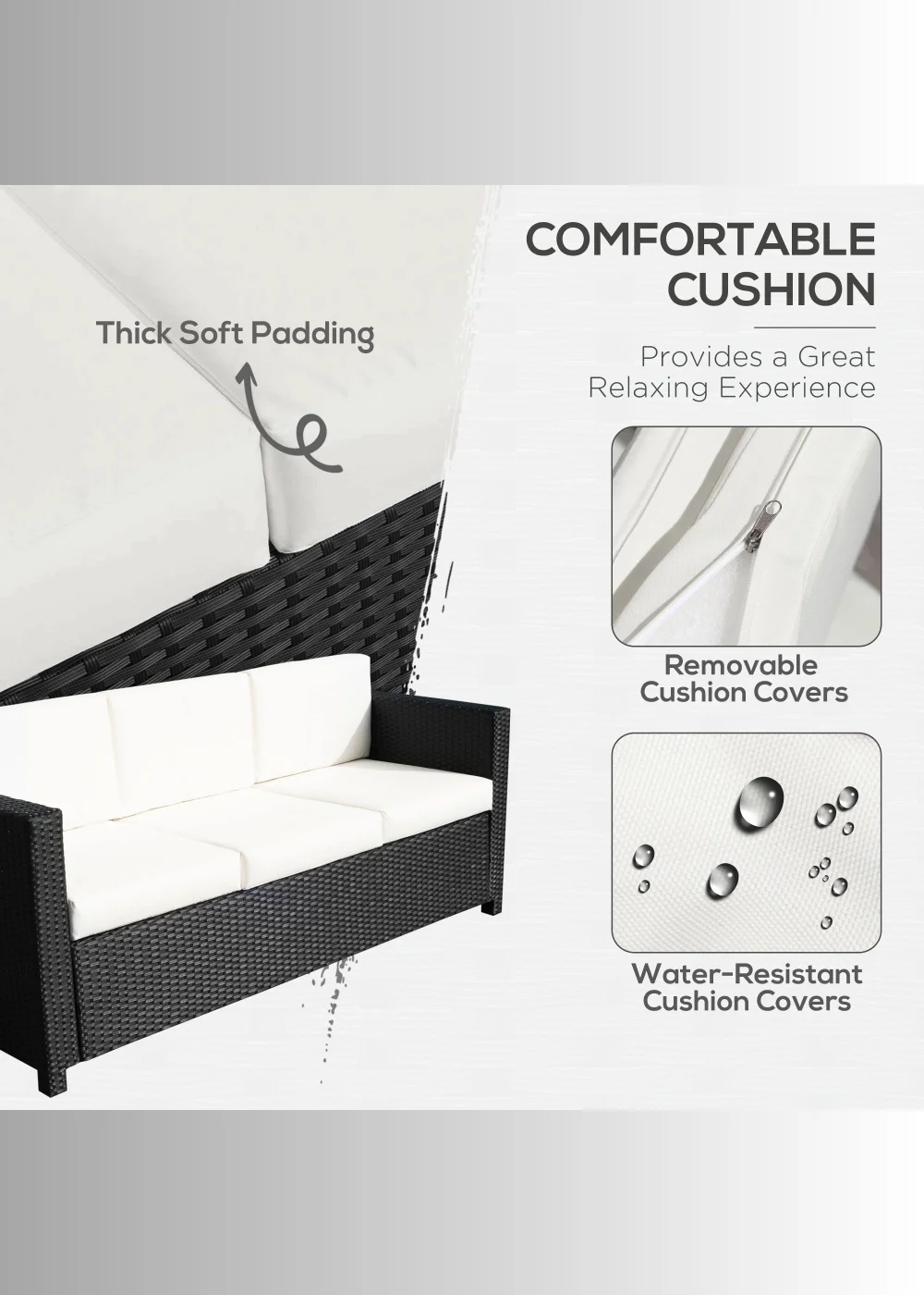 Outsunny 3-Seater Black Rattan Garden Sofa (185cm x 70cm 80cm) - One Size Image 5