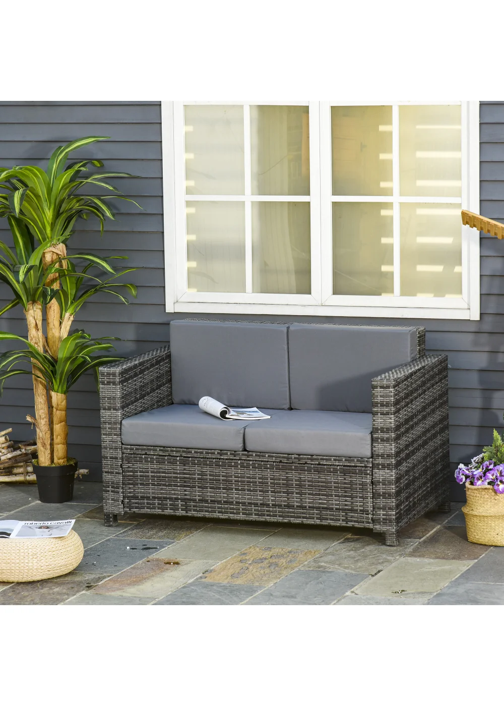 Outsunny 2 Seater Rattan Loveseat Sofa with Cushion(80cm x 70cm x 130cm) - One Size Image 1