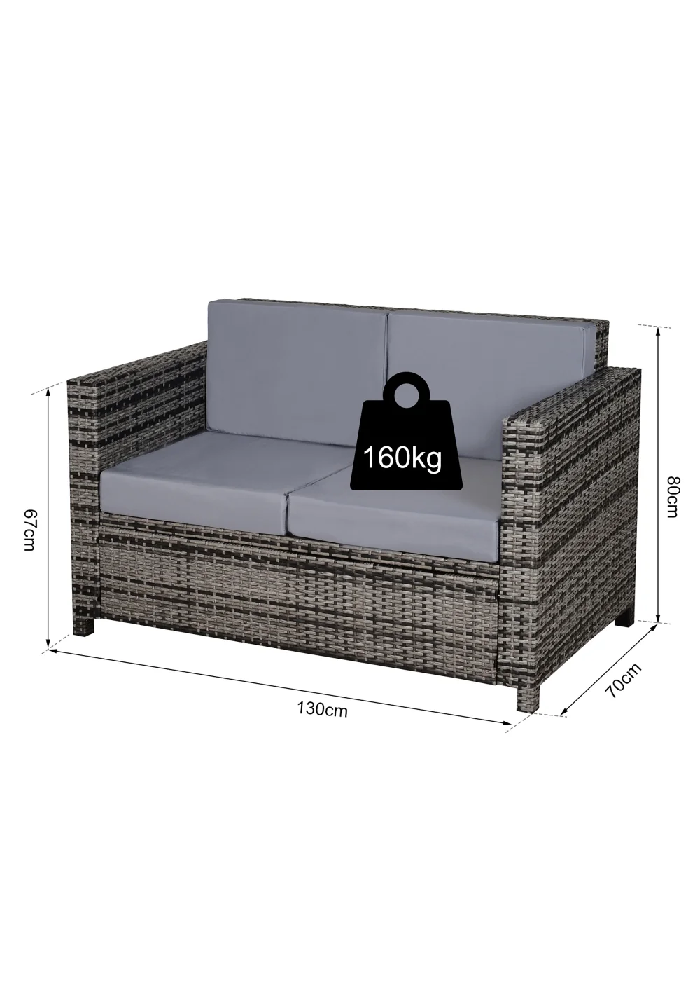 Outsunny 2 Seater Rattan Loveseat Sofa with Cushion(80cm x 70cm x 130cm) - One Size Image 3