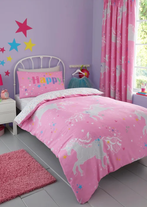 Bedlam Unicorn Glow Glow in the Dark Pink Duvet Cover Set - Single Image 1