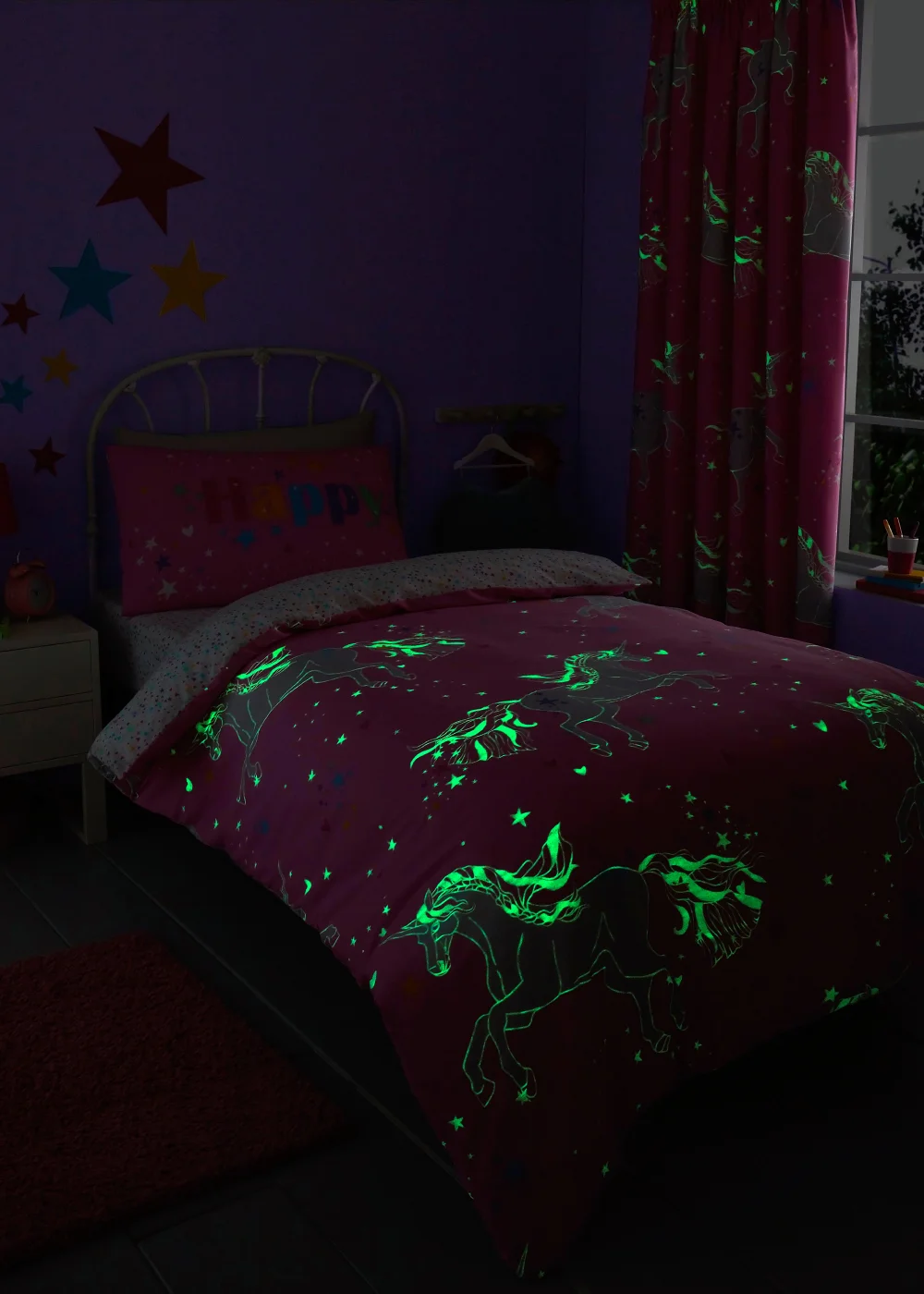 Bedlam Unicorn Glow Glow in the Dark Pink Duvet Cover Set - Single Image 2