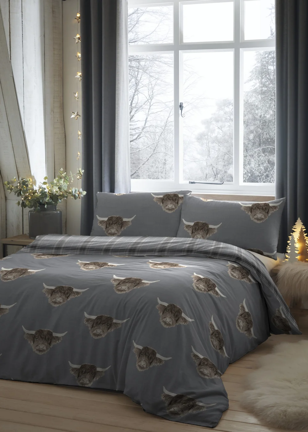 Fusion Highland Cow Grey Duvet Cover Set - Single Image 1
