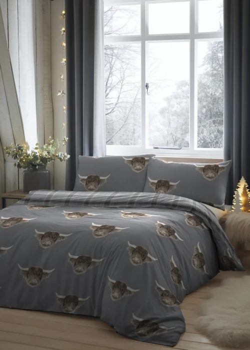 Fusion Highland Cow Grey Duvet Cover Set - Single Image 1