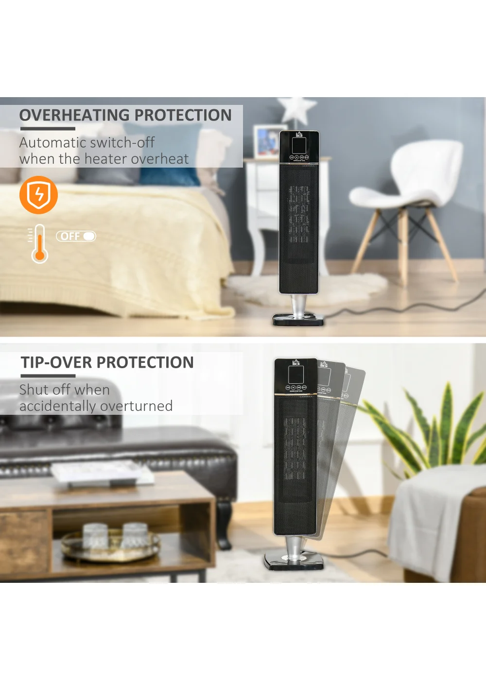 HOMCOM Ceramic Tower Heater (23cm x 22cm x 78cm) - One Size Image 5