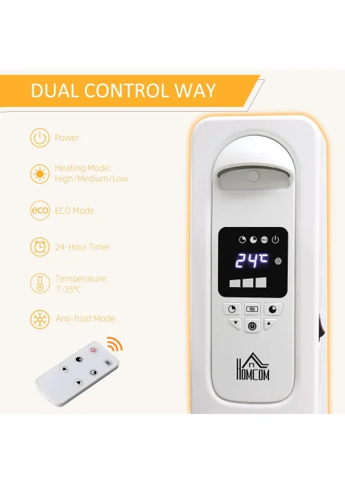 HOMCOM 2500W Oil Filled Portable Radiator Heater (64cm x 53cm x 24cm) - One Size Image 5