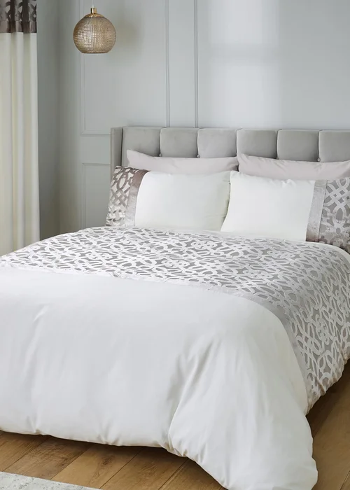 Catherine Lansfield Lattice Cut Velvet Duvet Cover Set Natural - Double Image 2