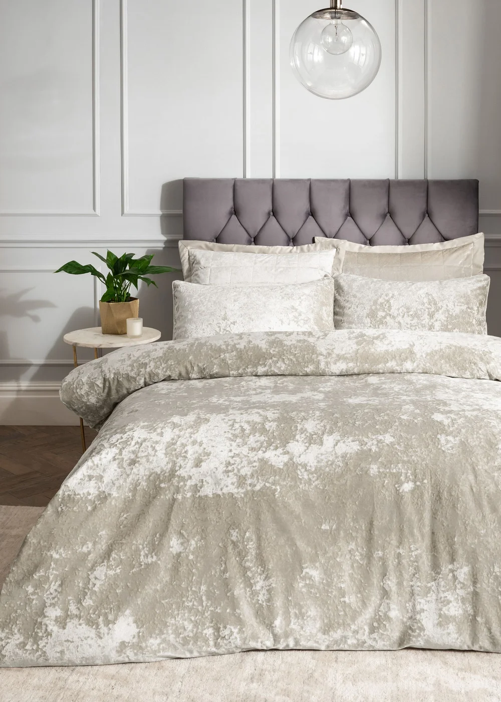 Catherine Lansfield Crushed Velvet Duvet Cover Set Natural - Double Image 1