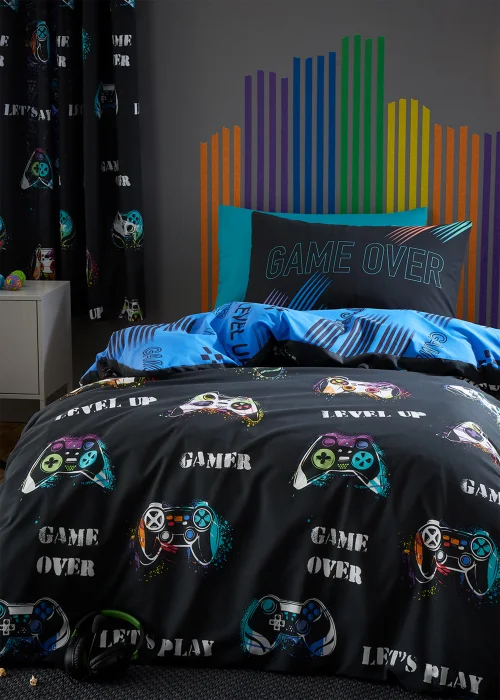 Catherine Lansfield Game Over Reversible Duvet Cover Set Black - Single Image 1