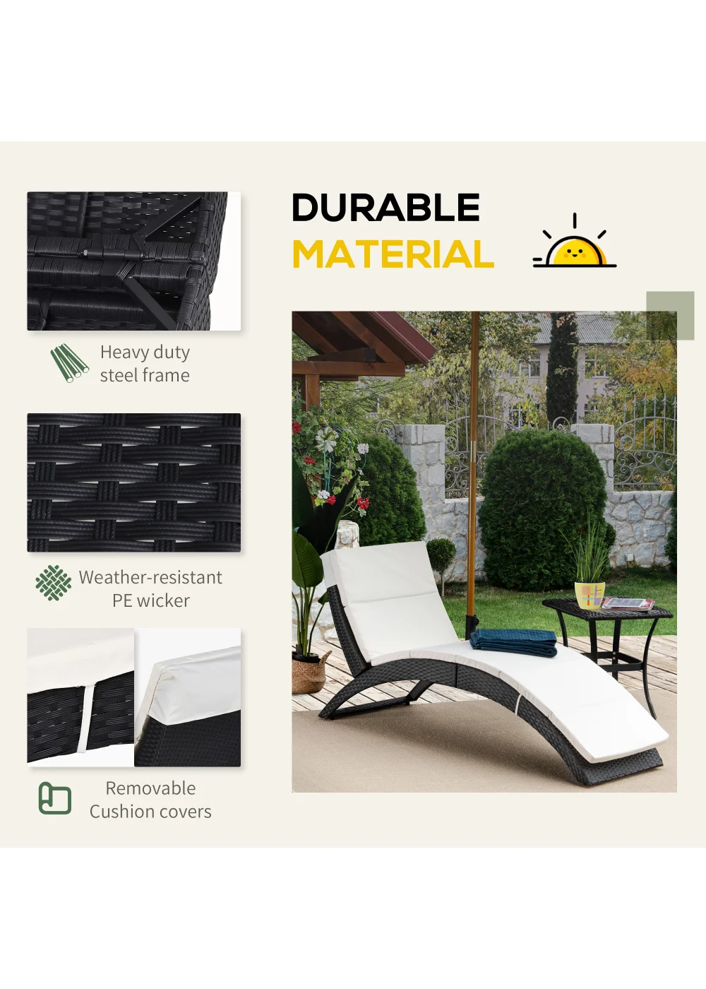 Outsunny Garden Rattan Sun Lounger (156cm x 59cm x 78cm) - One Size Image 4