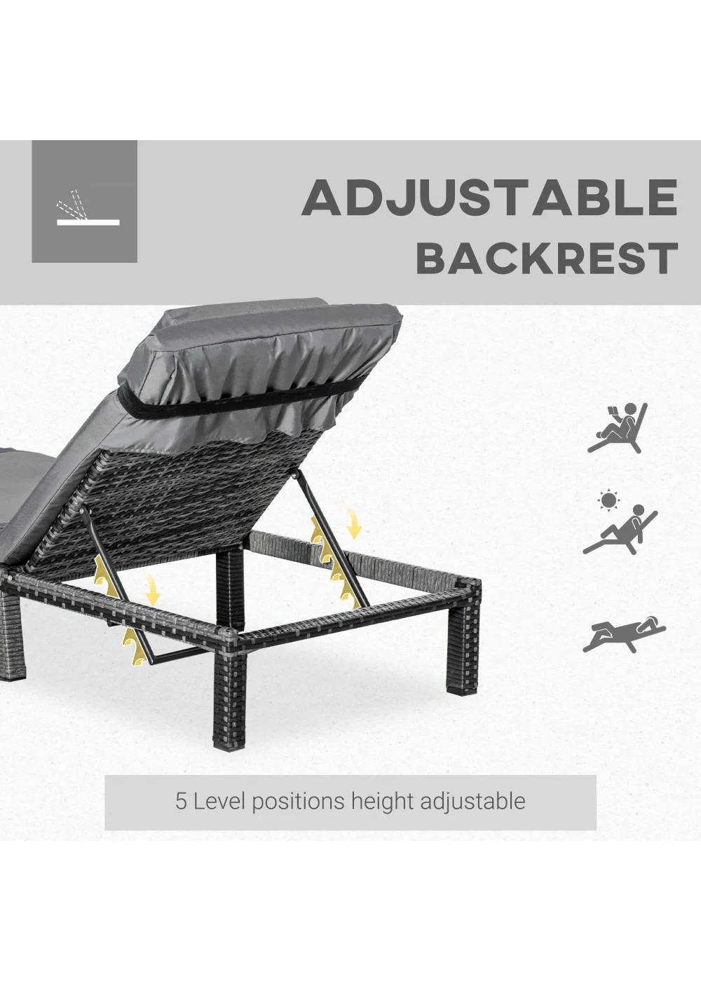 Outsunny Garden Rattan Furniture Recliner Sun Lounger (195cm x 65cm x 22cm) - One Size Image 4