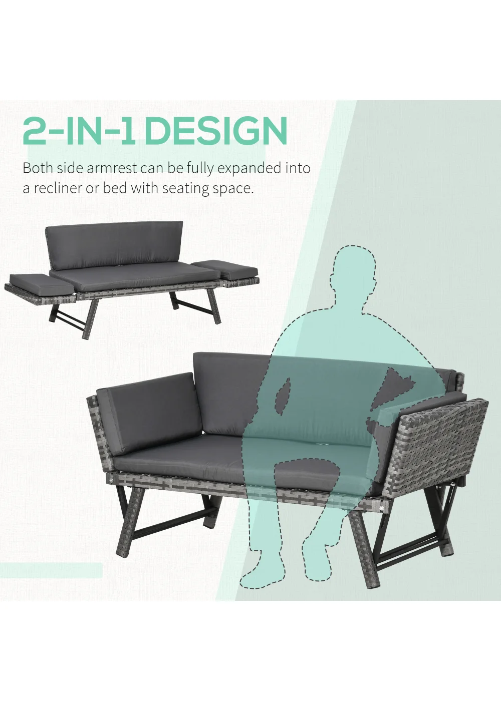 Outsunny 2 in 1Rattan Folding Chaise Lounger w/ Cushion - No Size Image 4