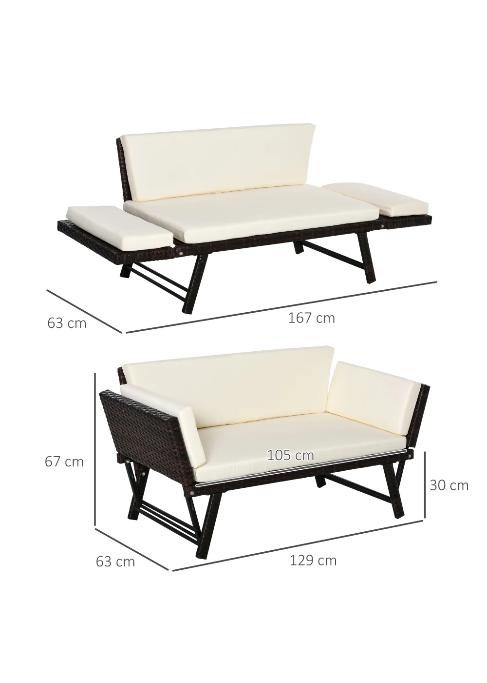 Outsunny 2 in 1Rattan Folding Chaise Lounger w/ Cushion - One Size Image 3