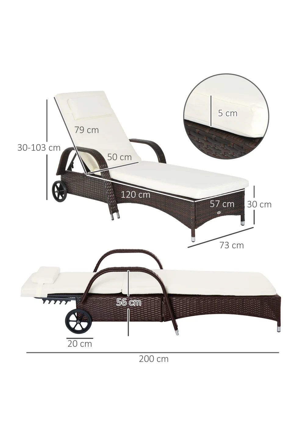 Outsunny Adjustable Wicker Rattan Sun Lounger (200cm x 73cm x 30-103cm) - One Size Image 3