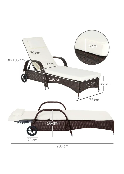 Outsunny Adjustable Wicker Rattan Sun Lounger (200cm x 73cm x 30-103cm) - One Size Image 3