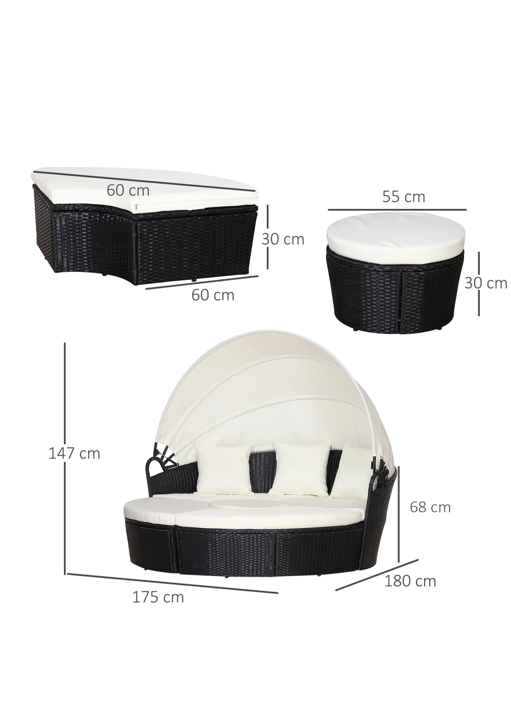 Outsunny 4 Piece Cushioned Outdoor Rattan Round Sofa Bed Set - One Size Image 3