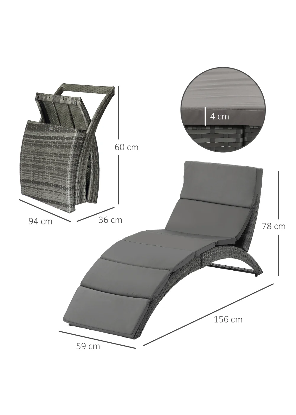 Outsunny Garden Rattan Sun Lounger (156cm x 59cm x 78cm) - No Size Image 3