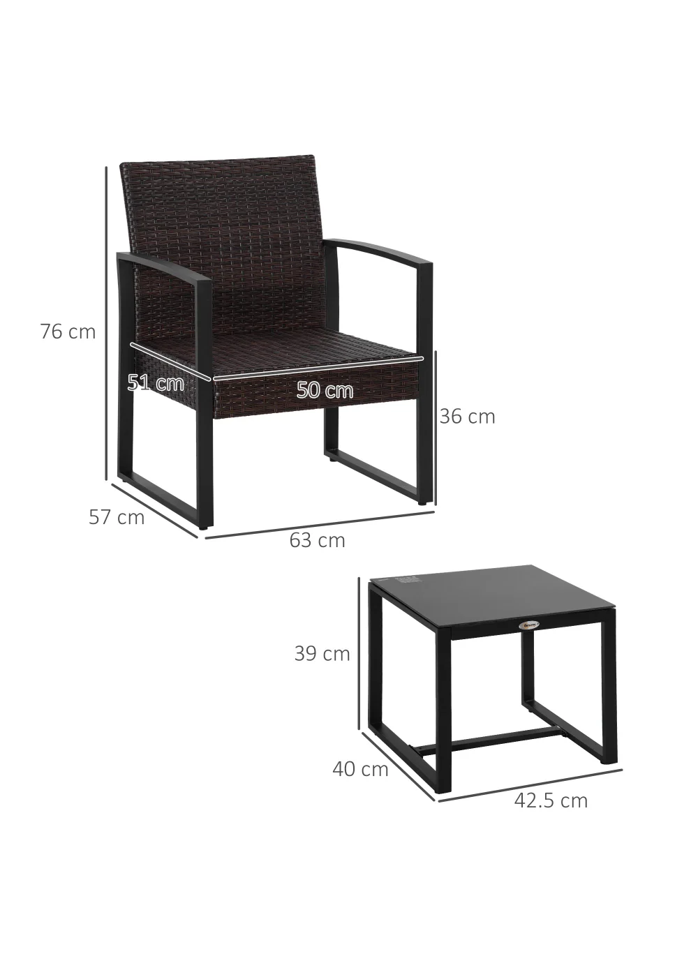 Outsunny 3 Piece Rattan Patio Bistro Set - One Size Image 3