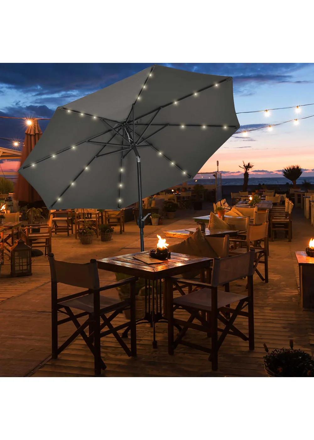 Outsunny Φ2.7m Garden 24 LED Light Parasol Solar Outdoor Tilt Sun Umbrella Patio Sun Shade-Grey - No Size Image 1