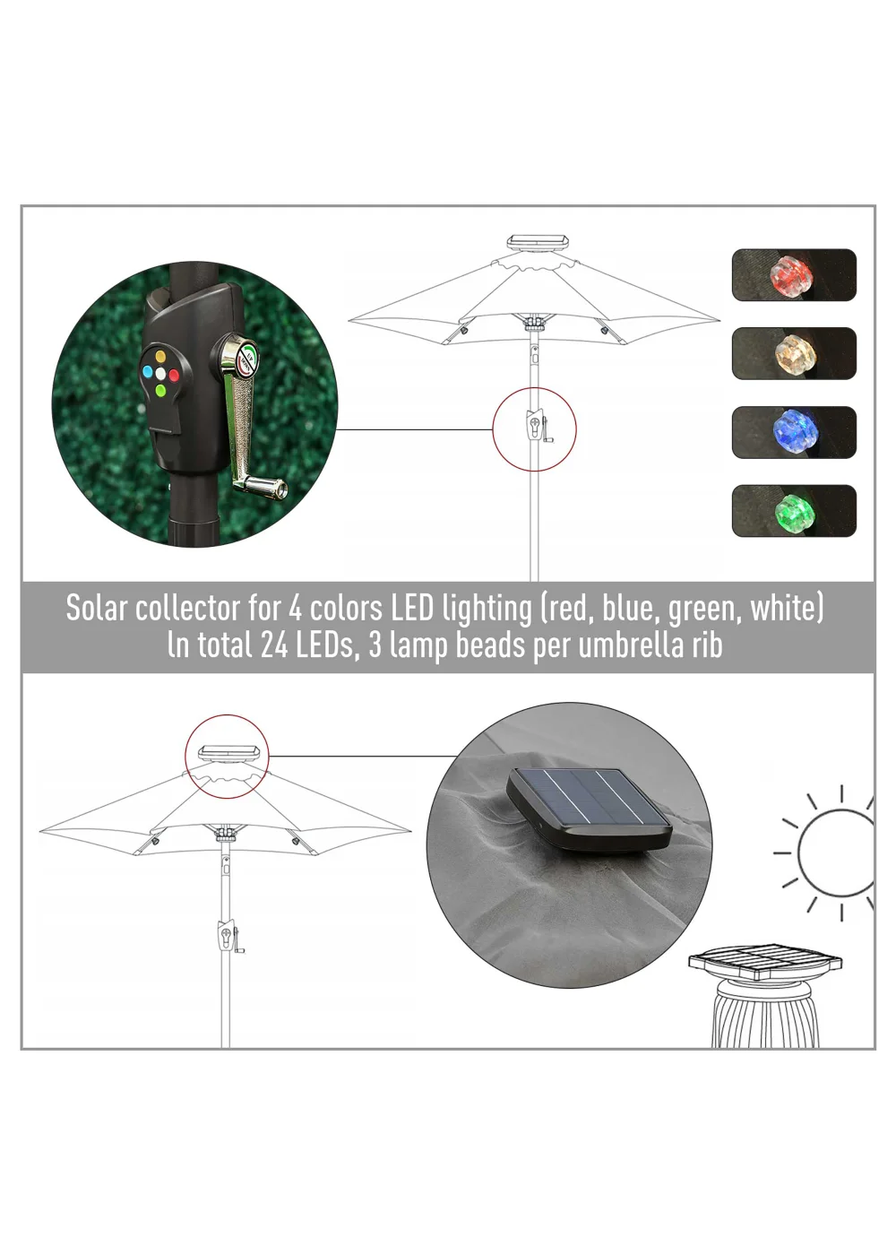 Outsunny Φ2.7m Garden 24 LED Light Parasol Solar Outdoor Tilt Sun Umbrella Patio Sun Shade-Grey - No Size Image 4
