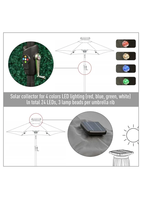 Outsunny Φ2.7m Garden 24 LED Light Parasol Solar Outdoor Tilt Sun Umbrella Patio Sun Shade-Grey - No Size Image 4