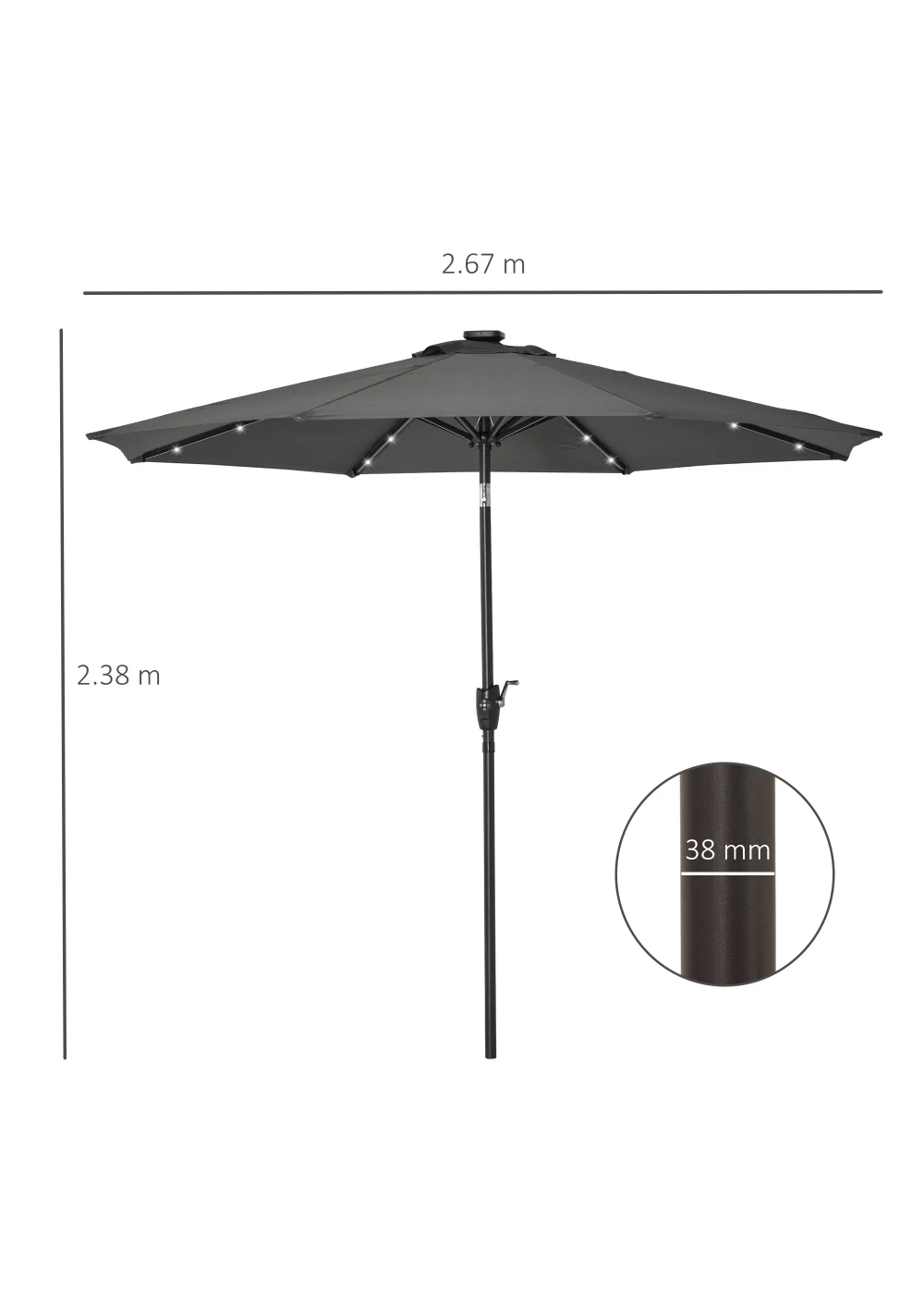 Outsunny Φ2.7m Garden 24 LED Light Parasol Solar Outdoor Tilt Sun Umbrella Patio Sun Shade-Grey - No Size Image 3