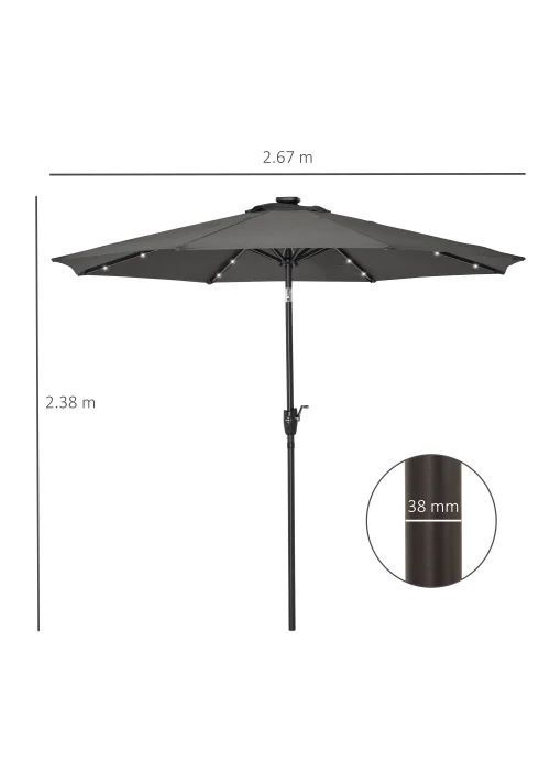 Outsunny Φ2.7m Garden 24 LED Light Parasol Solar Outdoor Tilt Sun Umbrella Patio Sun Shade-Grey - No Size Image 3