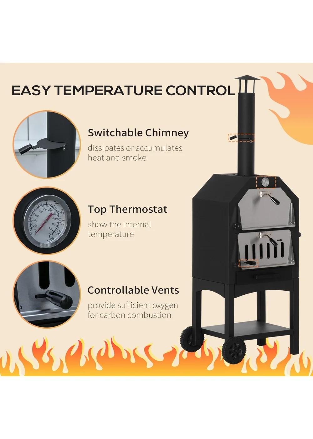 Outsunny Charcoal Tall Ovan Pizza Maker BBQ Grill Outdoor Picnic with Thermometer - One Size Image 5