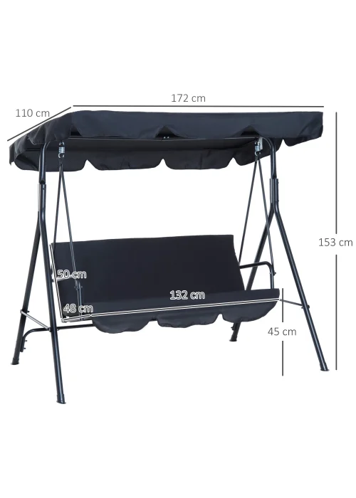 Outsunny 3 Seater Canopy Swing Chair Garden Rocking Bench with Top Roof - Black - One Size Image 3