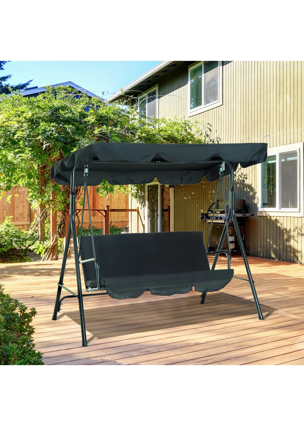 Outsunny 3 Seater Canopy Swing Chair Garden Rocking Bench with Top Roof - Black - One Size Image 1