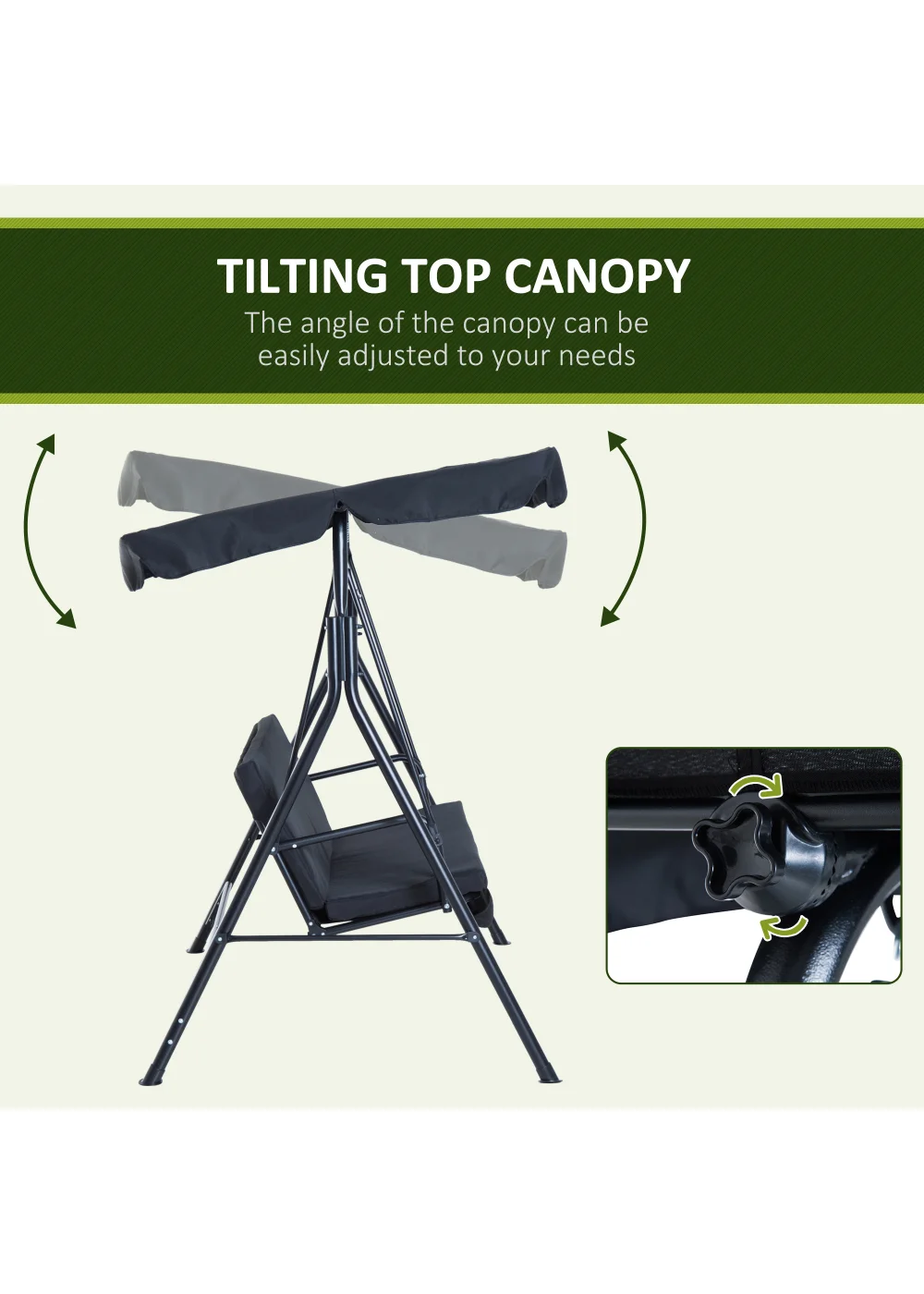 Outsunny 3 Seater Canopy Swing Chair Garden Rocking Bench with Top Roof - Black - One Size Image 4