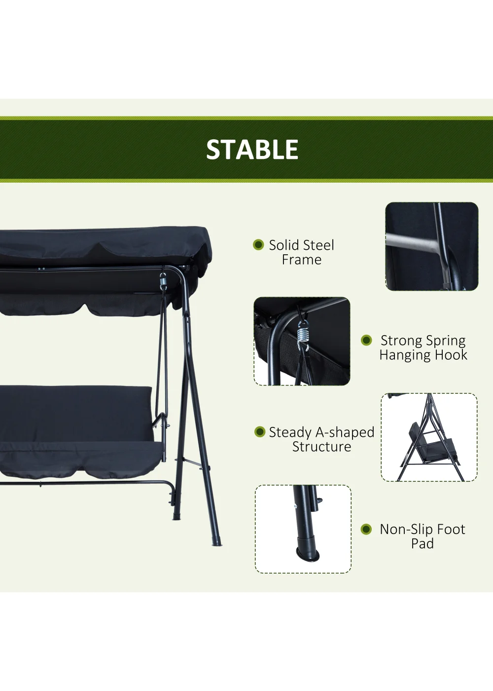 Outsunny 3 Seater Canopy Swing Chair Garden Rocking Bench with Top Roof - Black - One Size Image 5