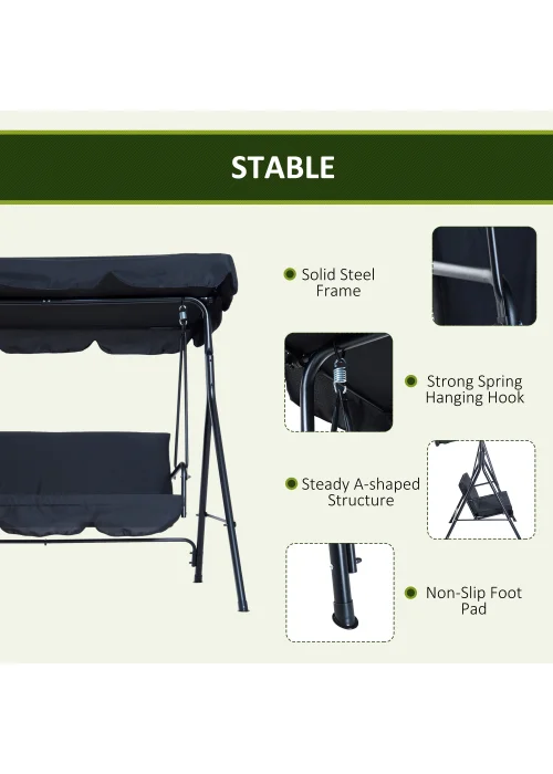 Outsunny 3 Seater Canopy Swing Chair Garden Rocking Bench with Top Roof - Black - One Size Image 5