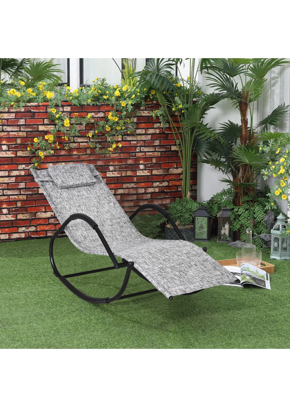 Outsunny Patio Texteline Rocking Lounge Chair Zero Gravity Rocker with Padded Pillow - No Size Image 1