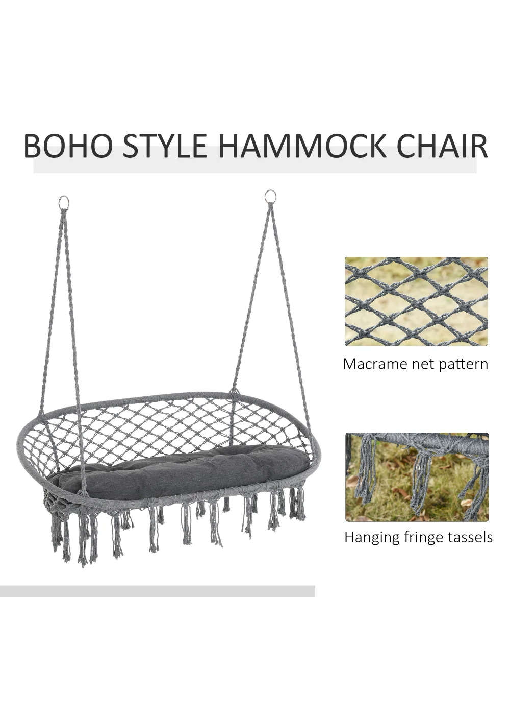 Outsunny 2-Seater Hanging Hammock Chair with Soft Cushion for Patio, Garden, Balcony, Living Room - No Size Image 5