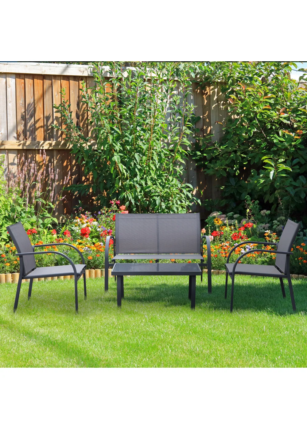 Outsunny 4pcs Patio Furniture Set Garden Sofa Glass Top Coffee Table Grey - One Size Image 1