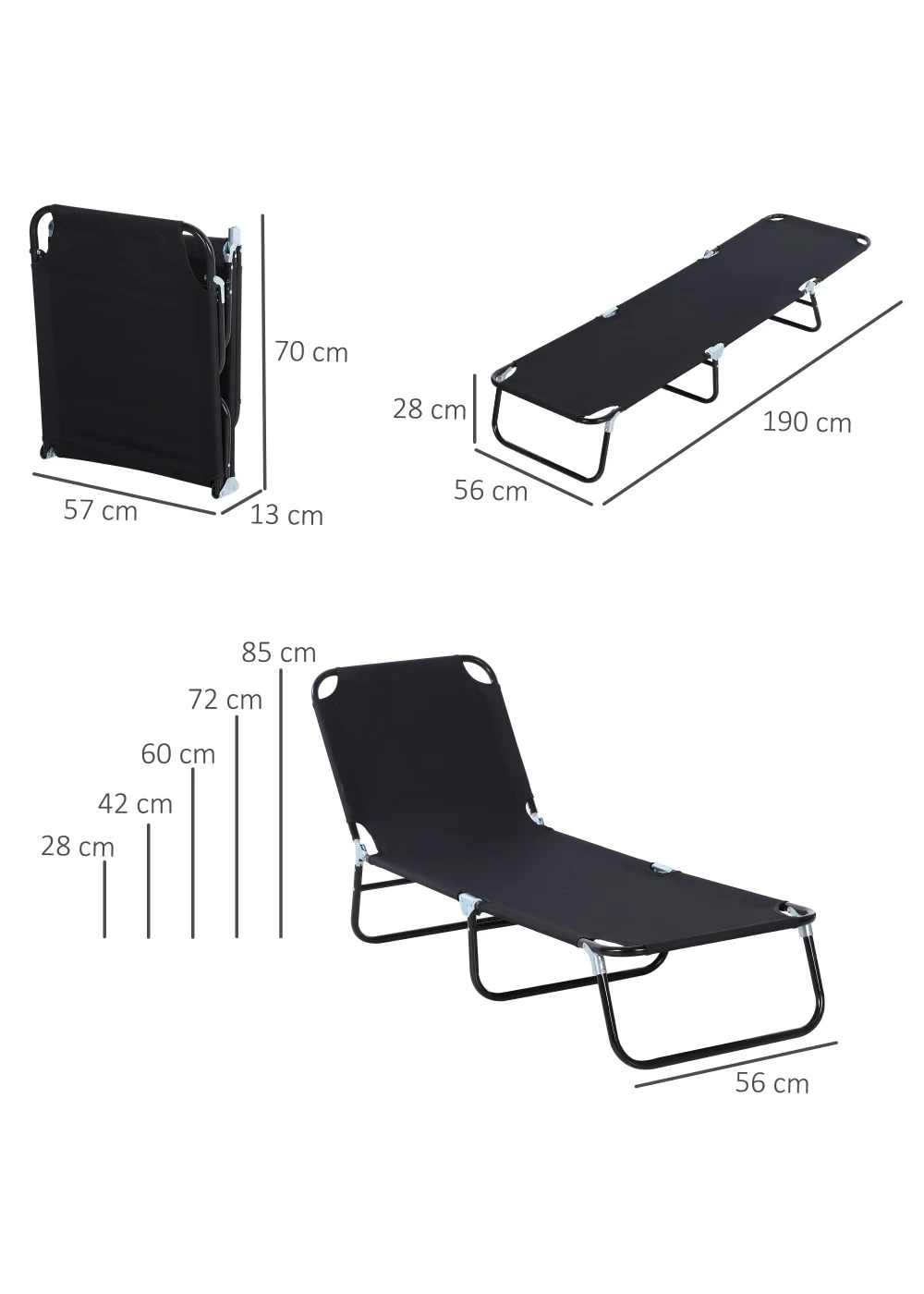 Outsunny Foldable Sun Lounger with 5-Position Adjustable Backrest - No Size Image 3