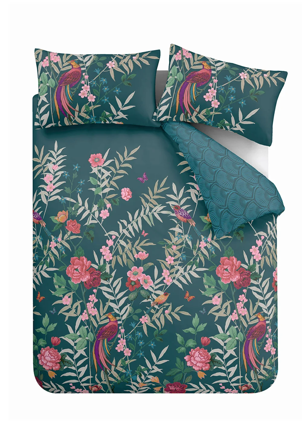 Catherine Lansfield Tropical Floral Birds Reversible Duvet Cover Set Green - Single Image 5
