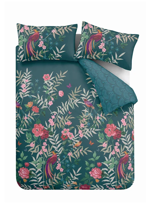 Catherine Lansfield Tropical Floral Birds Reversible Duvet Cover Set Green - Single Image 5